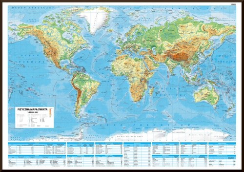 Świat 1:42 000 000. Mapa fizyczna w ramie drewnianej