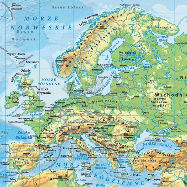 Świat 1:42 000 000. Mapa fizyczna. Wersja do wpinania. Fragment 2