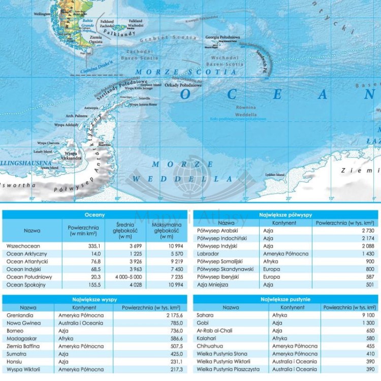 Świat 1:42 000 000. Mapa fizyczna. Wersja do wpinania. Fragment 3