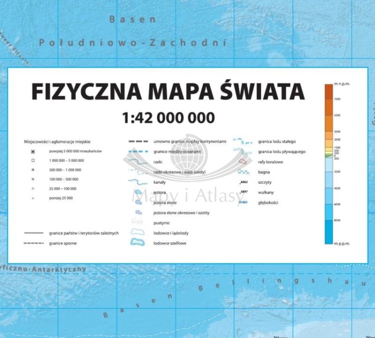 Świat 1:42 000 000. Mapa fizyczna. Wersja do wpinania. Legenda