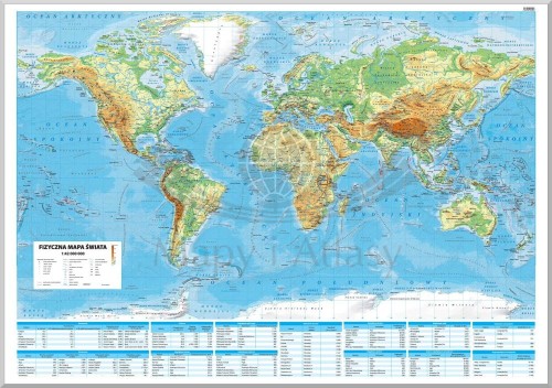 Świat 1:42 000 000. Mapa fizyczna. Wersja do wpinania