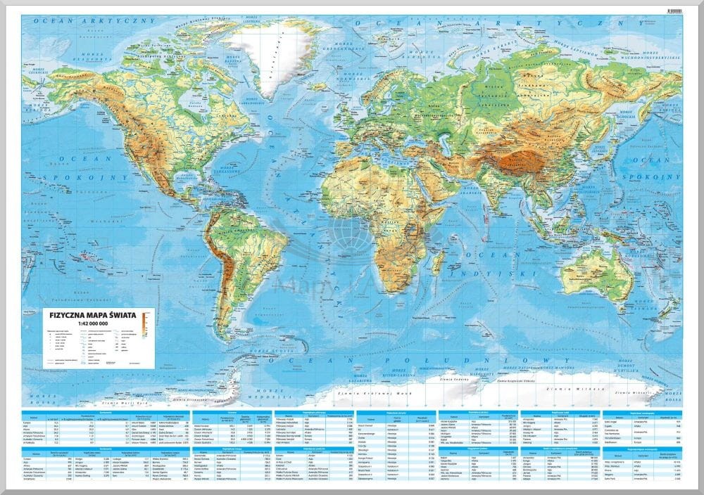 Świat 1:42 000 000. Mapa fizyczna. Wersja magnetyczna