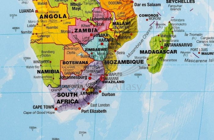 Świat polityczny 1:60 000 000. Mapa, podkładka na biurko i pod mysz dla dzieci wydawnictwa Maps International. Fragment 3