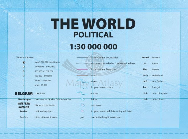 Świat 1:30 000 000. Mapa polityczna. Język angielski. Wersja magnetyczna. Legenda