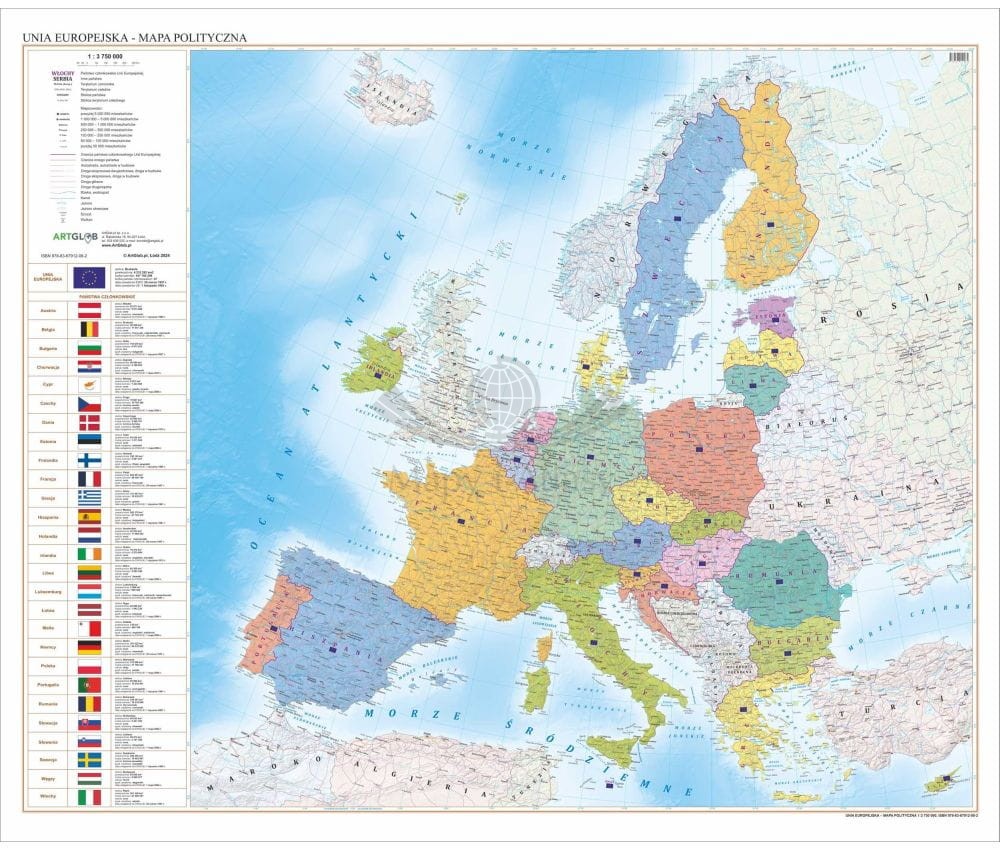 Unia Europejska 1:3 750 000. Arkusz, mapa ścienna polityczna