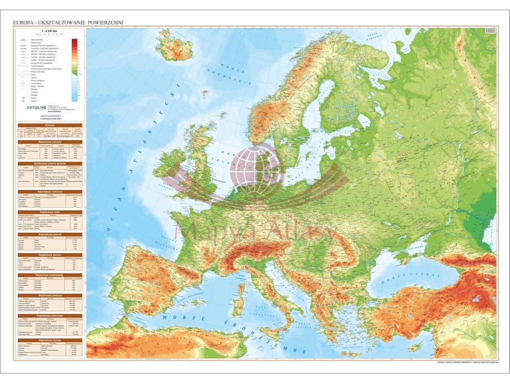 Europa 1:4 500 000. Arkusz, mapa ścienna fizyczna