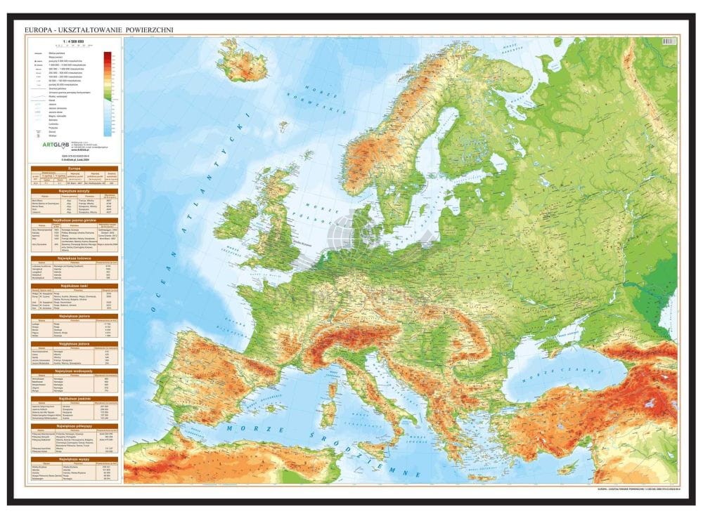 Europa 1:4 500 000. Mapa fizyczna w ramie drewnianej