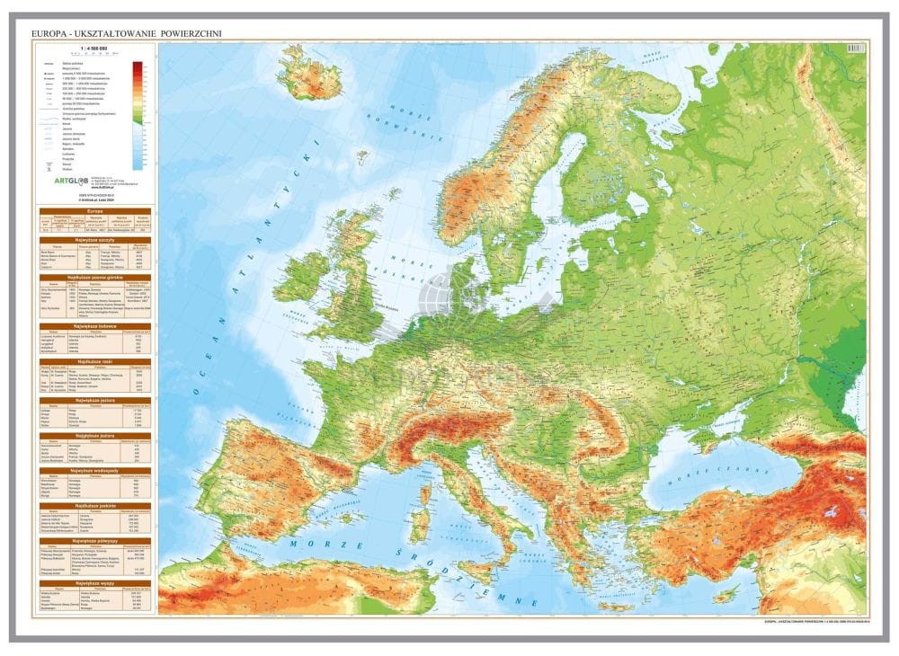 Europa 1:4 500 000. Mapa fizyczna. Wersja do wpinania