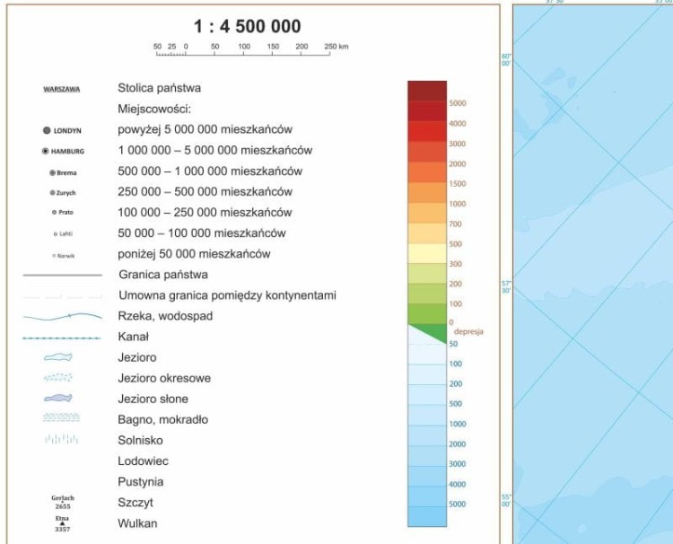 Europa 1:4 500 000. Mapa fizyczna. Wersja magnetyczna. Legenda