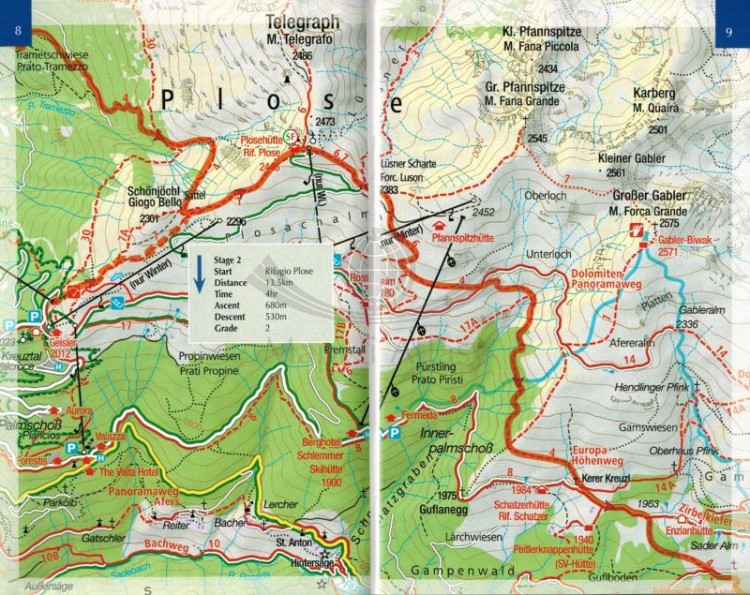 Alta Via 2 - Trekking in the Dolomites / Dolomity. Przewodnik wydawnictwa Cicerone. Broszurka z mapami. Przykładowe strony
