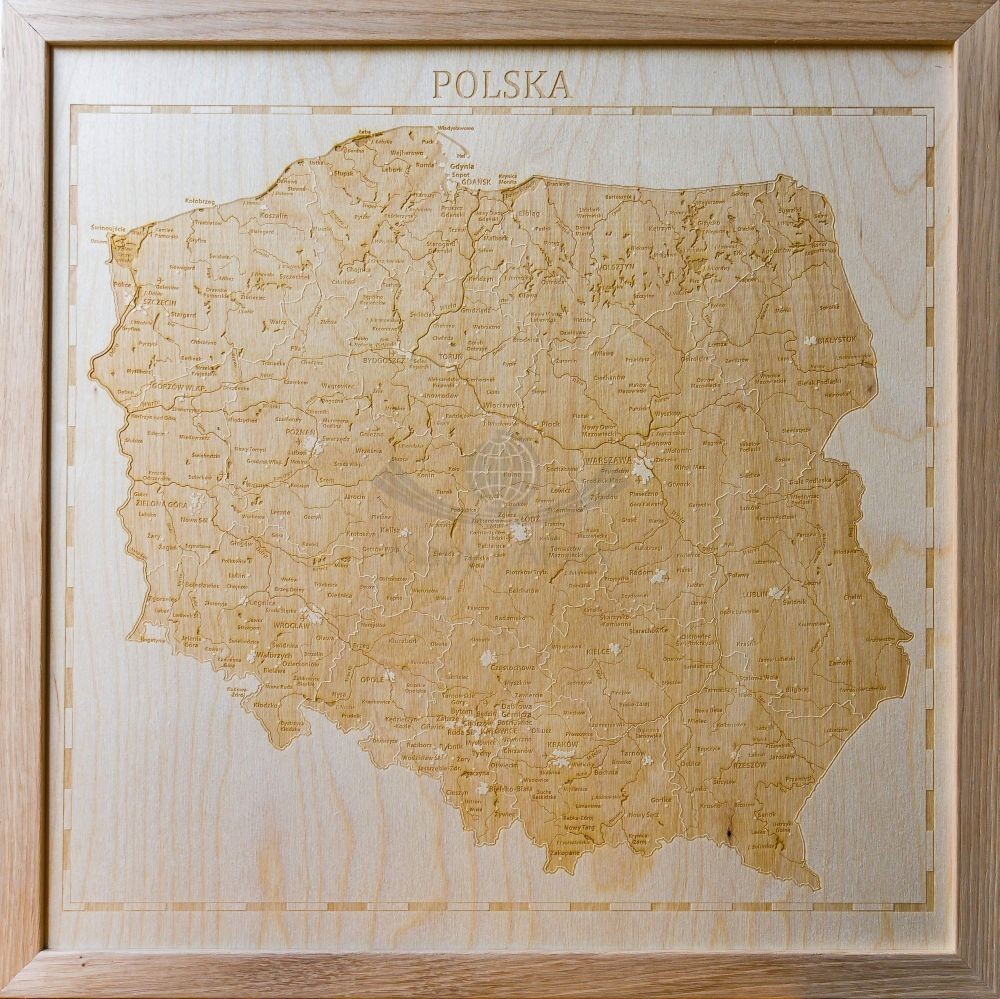 Polska. Drewniana mapa 3D. Grawerowana, 40 x 40 cm