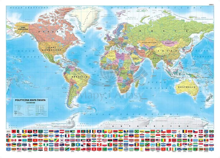 Świat 1:30 000 000. Naklejka, mapa ścienna polityczna