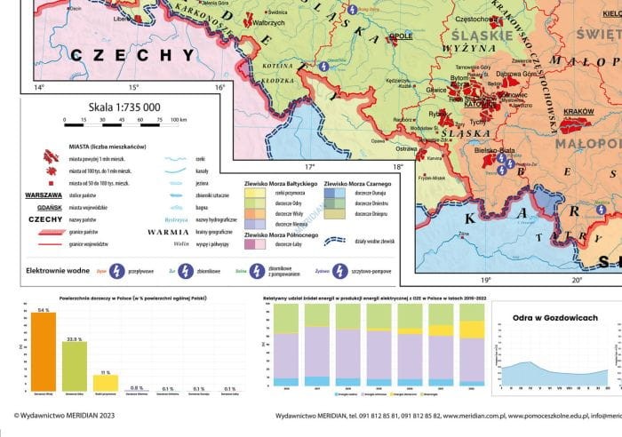 Polska 1:735 000. Mapa ścienna. OZE - wody powierzchniowe i hydroenergetyka w Polsce wydawnictwa Meridian. Fragment 2