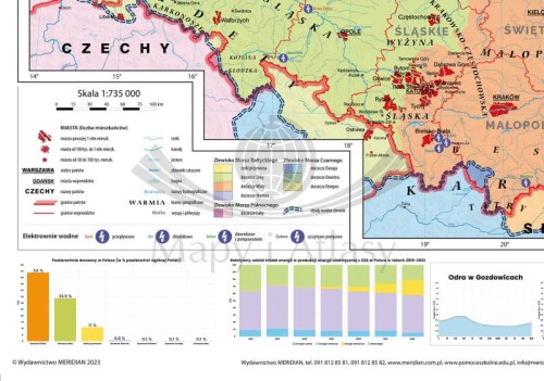 Polska 1:735 000. Mapa ścienna. OZE - wody powierzchniowe i hydroenergetyka w Polsce wydawnictwa Meridian. Fragment 1