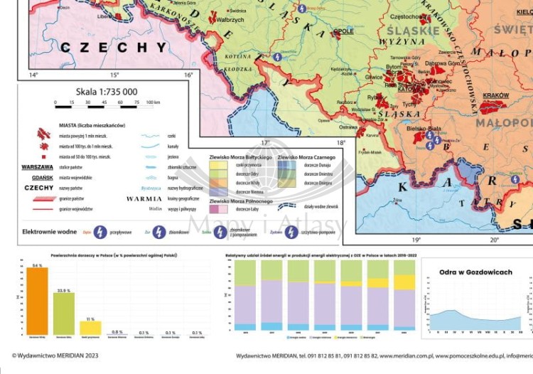 Polska 1:735 000. Mapa ścienna. OZE - wody powierzchniowe i hydroenergetyka w Polsce wydawnictwa Meridian. Fragment 1