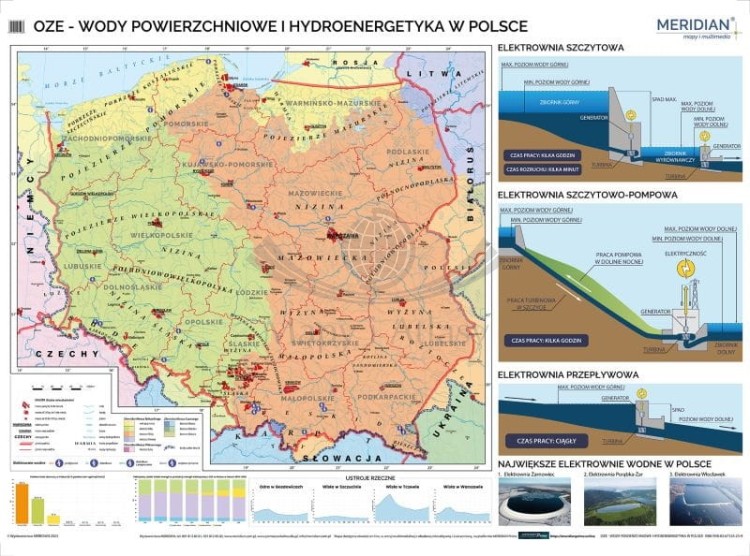 Polska 1:600 000. Mapa ścienna. OZE - wody powierzchniowe i hydroenergetyka w Polsce wydawnictwa Meridian.
