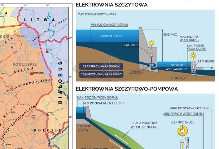 Polska 1:600 000. Mapa ścienna. OZE - wody powierzchniowe i hydroenergetyka w Polsce wydawnictwa Meridian. Fragment 1