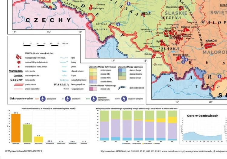 Polska 1:600 000. Mapa ścienna. OZE - wody powierzchniowe i hydroenergetyka w Polsce wydawnictwa Meridian. Fragment 2