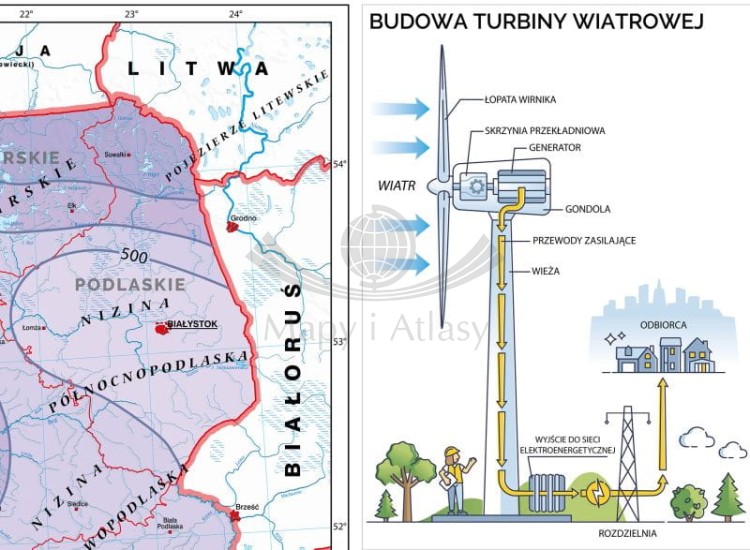 Polska 1:735 000. Mapa ścienna OZE - strefy energetyczne wiatru i energia wiatrowa w Polsce wydawnictwa Meridian. Fragment 1