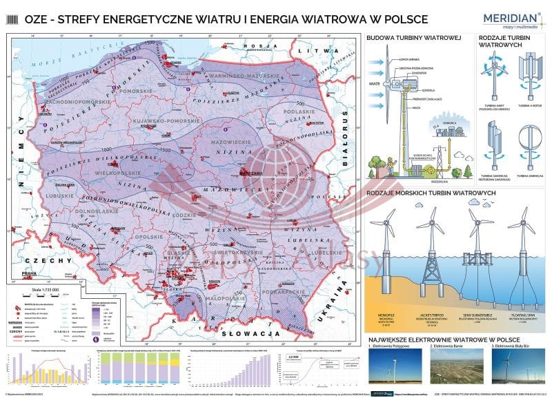 Polska 1:735 000. OZE - strefy energetyczne wiatru i energia wiatrowa w Polsce. Mapa ścienna. Drewniane półwałki