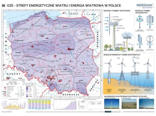 Polska 1:735 000. Mapa ścienna OZE - strefy energetyczne wiatru i energia wiatrowa w Polsce wydawnictwa Meridian.
