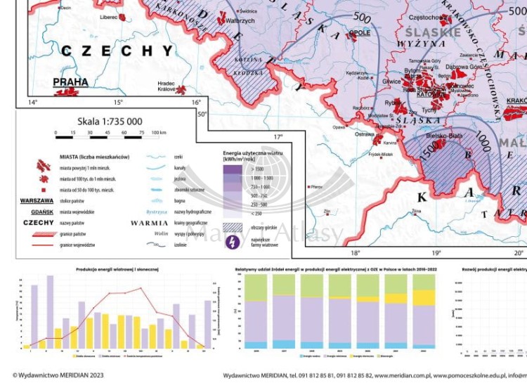 Polska 1:735 000. Mapa ścienna OZE - strefy energetyczne wiatru i energia wiatrowa w Polsce wydawnictwa Meridian. Fragment 2