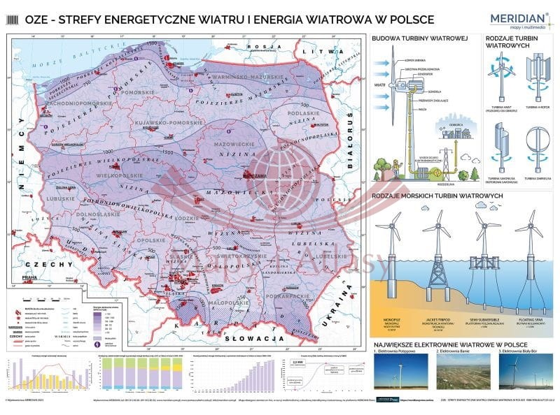 Polska 1:600 000. OZE - strefy energetyczne wiatru i energia wiatrowa w Polsce. Mapa ścienna. Drewniane półwałki