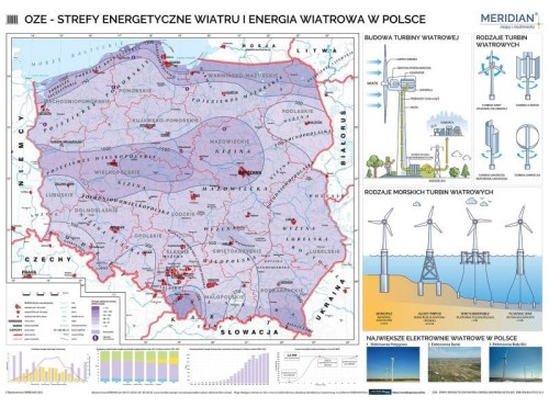 Polska 1:600 000. Mapa ścienna OZE - strefy energetyczne wiatru i energia wiatrowa w Polsce wydawnictwa Meridian.