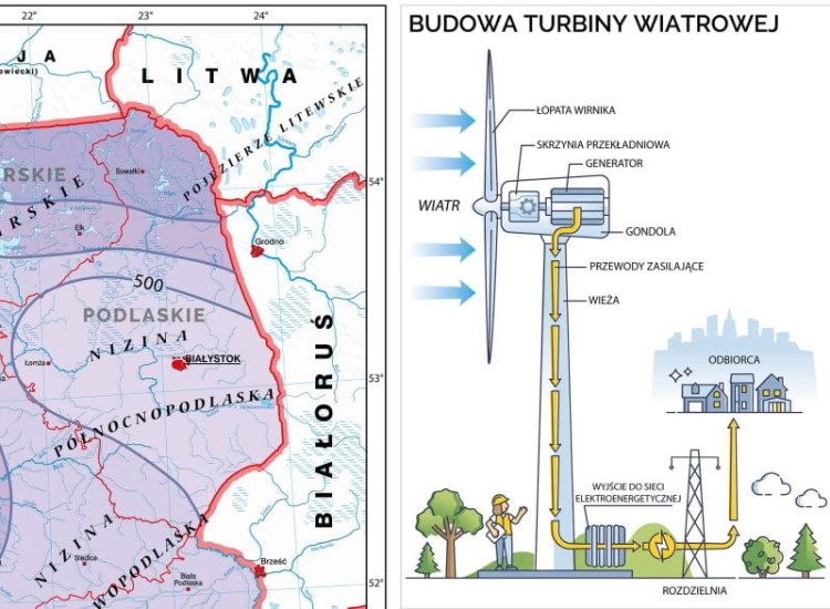 Polska 1:600 000. Mapa ścienna OZE - strefy energetyczne wiatru i energia wiatrowa w Polsce wydawnictwa Meridian. Fragment 1