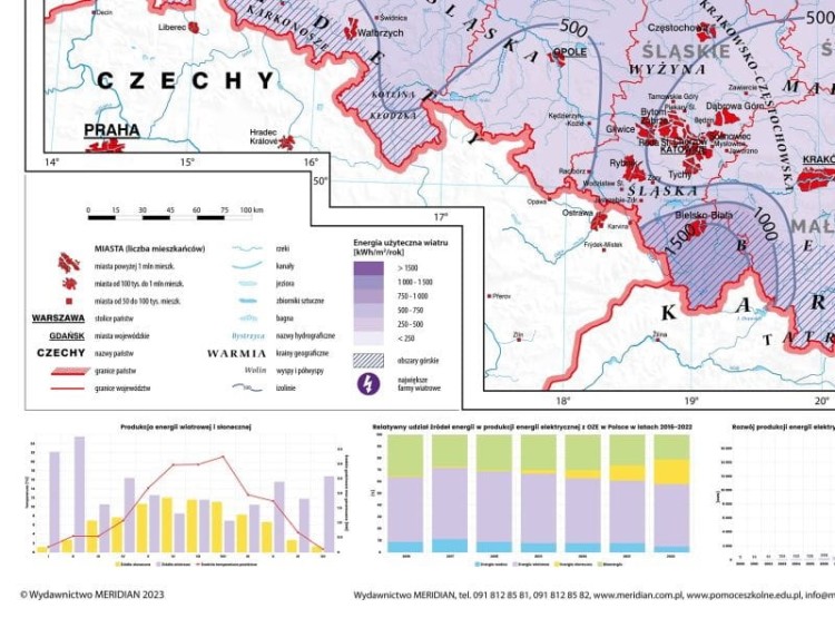 Polska 1:600 000. Mapa ścienna OZE - strefy energetyczne wiatru i energia wiatrowa w Polsce wydawnictwa Meridian. Fragment 2