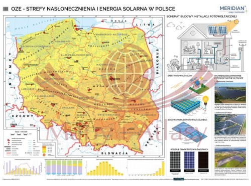 Polska 1:735 000. Mapa ścienna OZE - Strefy nasłonecznienia i energia solarna w Polsce wydawnictwa Meridian.
