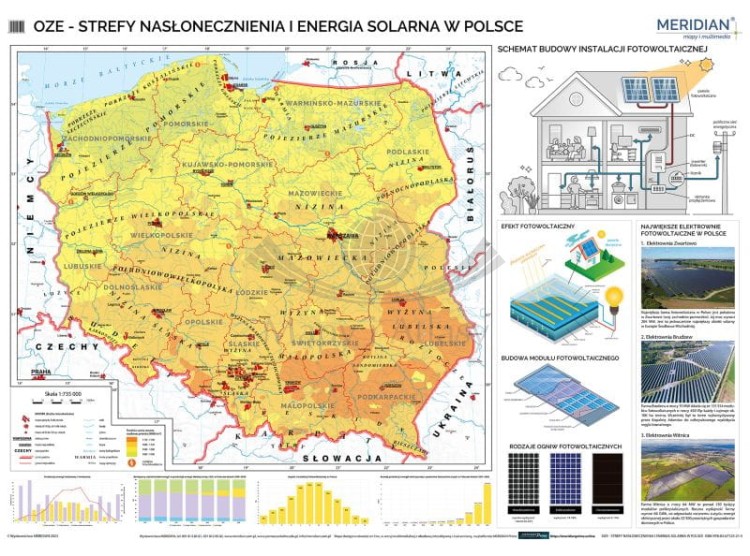Polska 1:735 000. Mapa ścienna OZE - Strefy nasłonecznienia i energia solarna w Polsce wydawnictwa Meridian.