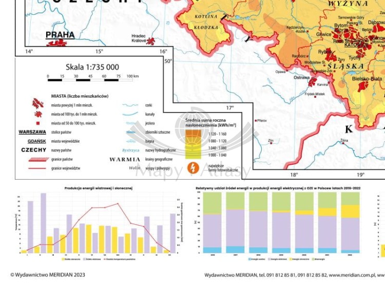 Polska 1:735 000. Mapa ścienna OZE - Strefy nasłonecznienia i energia solarna w Polsce wydawnictwa Meridian. Fragment 2