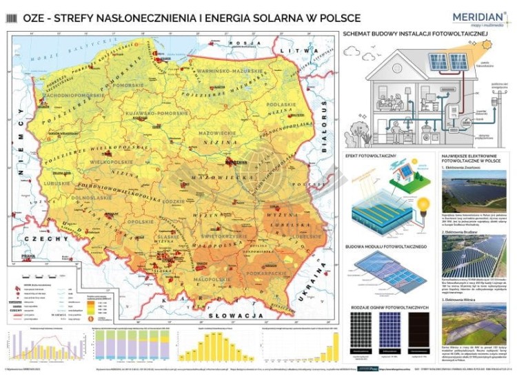 Polska 1:600 000. Mapa ścienna. OZE - Strefy nasłonecznienia i energia solarna w Polsce wydawnictwa Meridian.