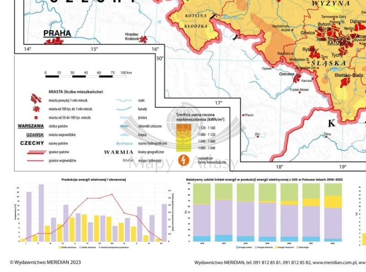 Polska 1:600 000. Mapa ścienna. OZE - Strefy nasłonecznienia i energia solarna w Polsce wydawnictwa Meridian. Fragment 2