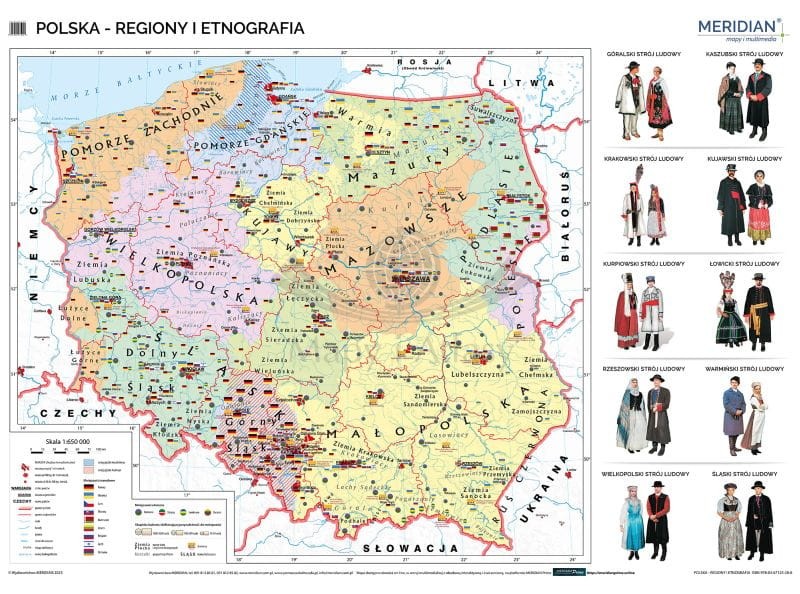 Polska 1:650 000. Regiony i etnografia. Mapa ścienna. Drewniane półwałki
