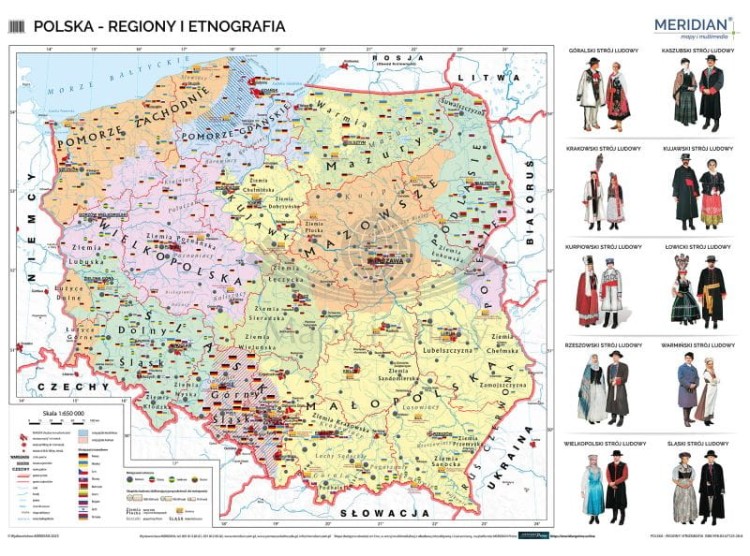 Polska 1:650 000. Mapa ścienna regiony i etnografia wydawnictwa Meridian.