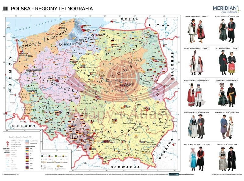 Polska 1:550 000. Regiony i etnografia. Mapa ścienna. Drewniane półwałki