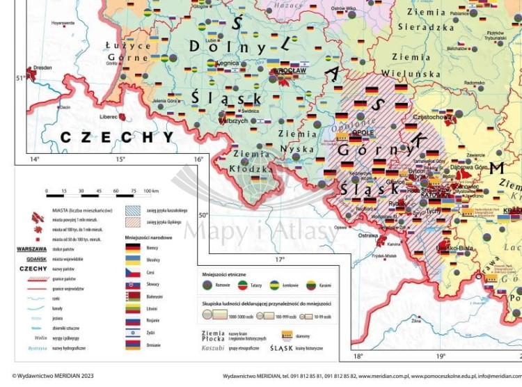 Polska 1:550 000. Mapa ścienna. Regiony i etnografia wydawnictwa Meridian. Fragment 1