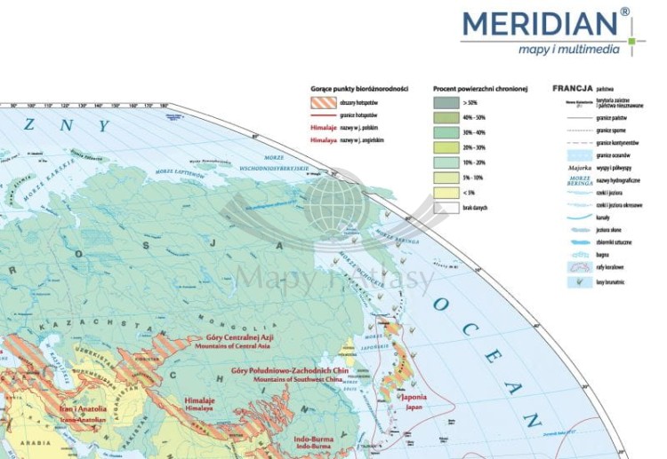 Świat 1:22 000 000. Mapa ścienna. Ochrona bioróżnorodności świata wydawnictwa Meridian. Fragment 2
