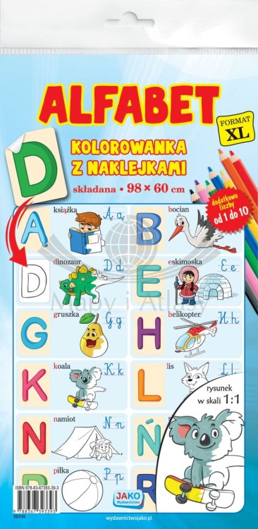 Alfabet. Składana kolorowanka z naklejkami XL wydawnictwa Jako.