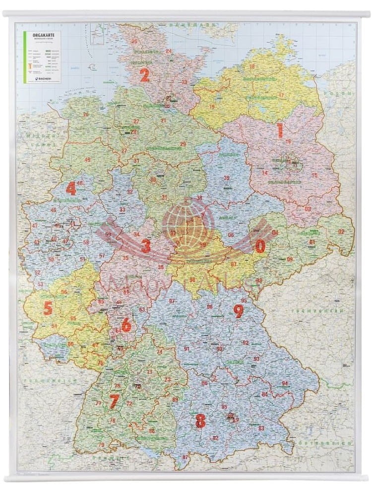 Niemcy 1:700 000. Mapa ścienna administracyjno-drogowa. Kody pocztowe. Orga-Karte