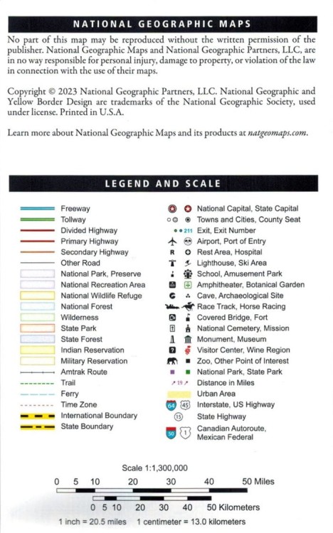 USA: Kalifornia, Nevada 1:1 300 000. Wodoodporna mapa turystyczna wydawnictwa National Geographic. Legenda