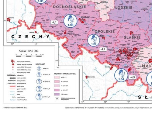 Polska 1:650 000. Demografia. Mapa ścienna wydawnictwa Meridian. Fragment 1