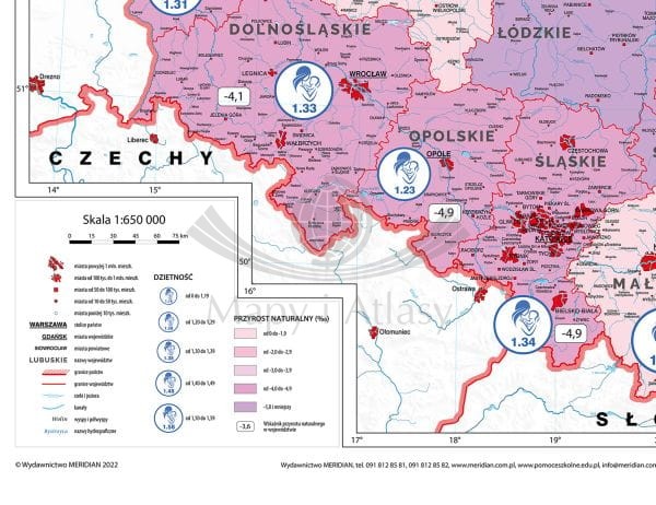 Polska 1:650 000. Demografia. Mapa ścienna wydawnictwa Meridian. Fragment 1