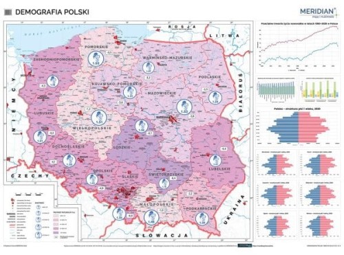 Polska 1:550 000. Demografia. Mapa ścienna wydawnictwa Meridian.
