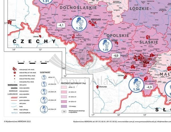Polska 1:550 000. Demografia. Mapa ścienna wydawnictwa Meridian. Fragment 1