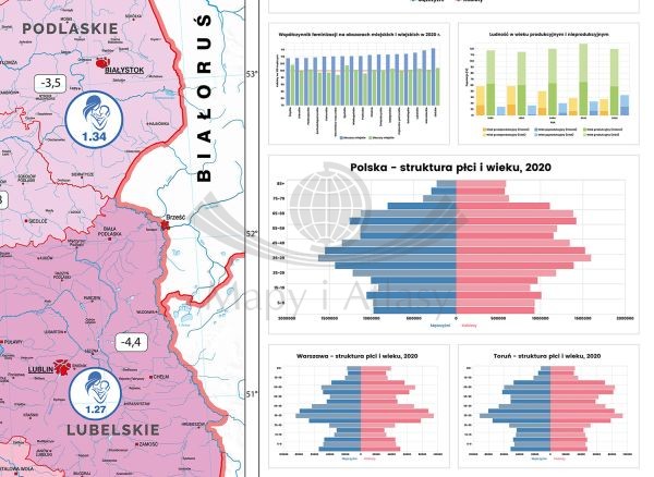 Polska 1:550 000. Demografia. Mapa ścienna wydawnictwa Meridian. Fragment 2