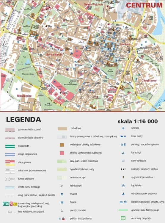 Poznań 1:16 000. Plan miasta / Mapa magnetyczna. Rama alu SLIM. Mapa centrum + legenda