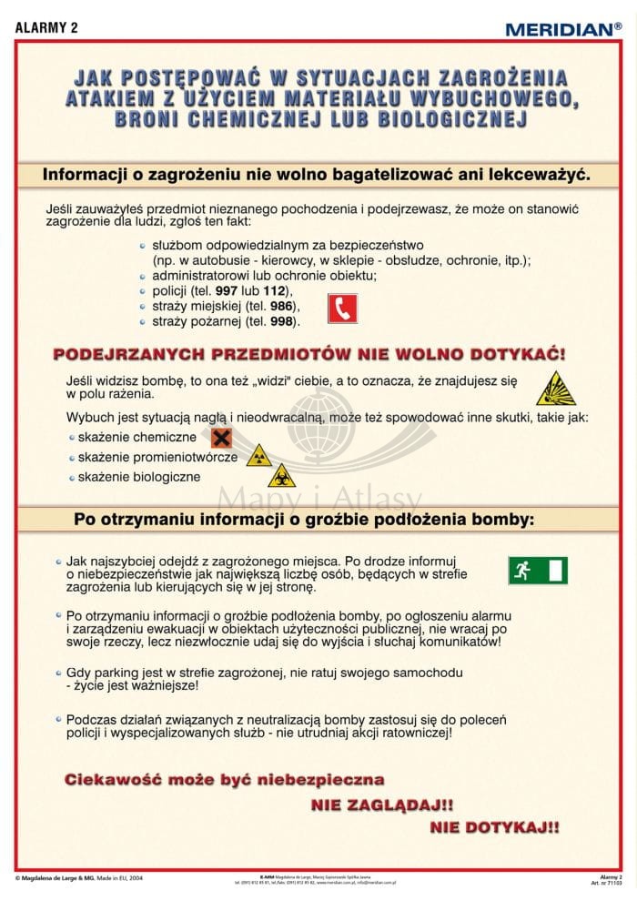 Alarmy! Jak zachować się w sytuacjach zagrożenia aktem terroru. Ścienna plansza edukacyjna  100 x 70. Drewniane półwałki